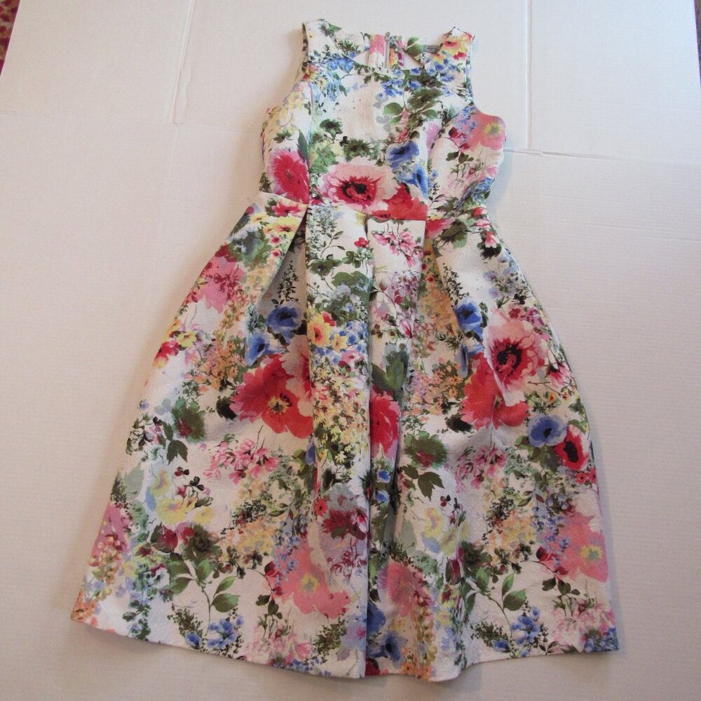 Danny & Nicole Sleeveless White Floral Design Pleated Midi Dress Size 6